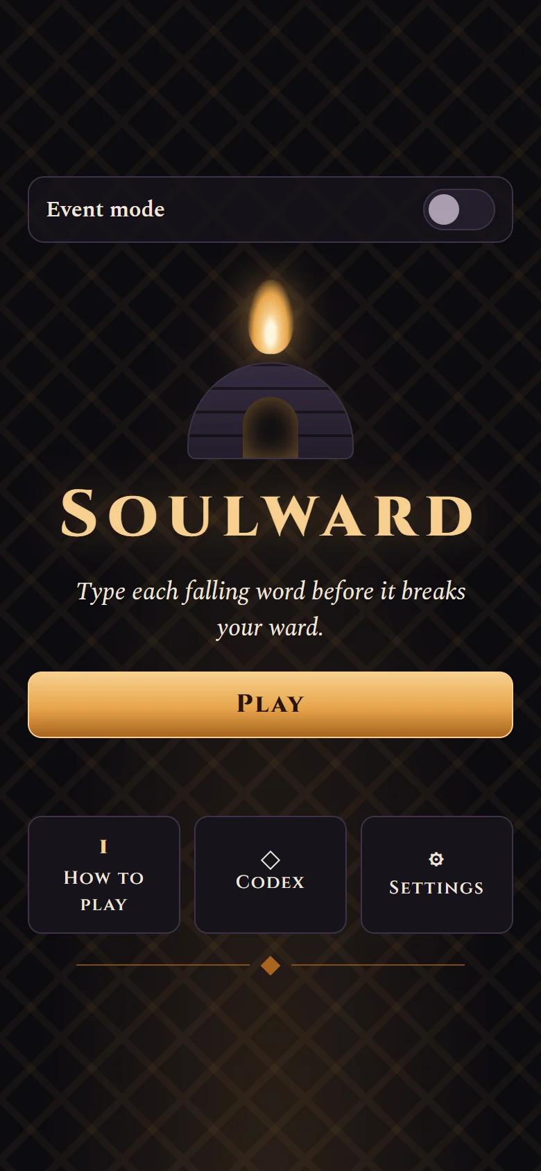Soulward title screen with a lit candle over a stone ward